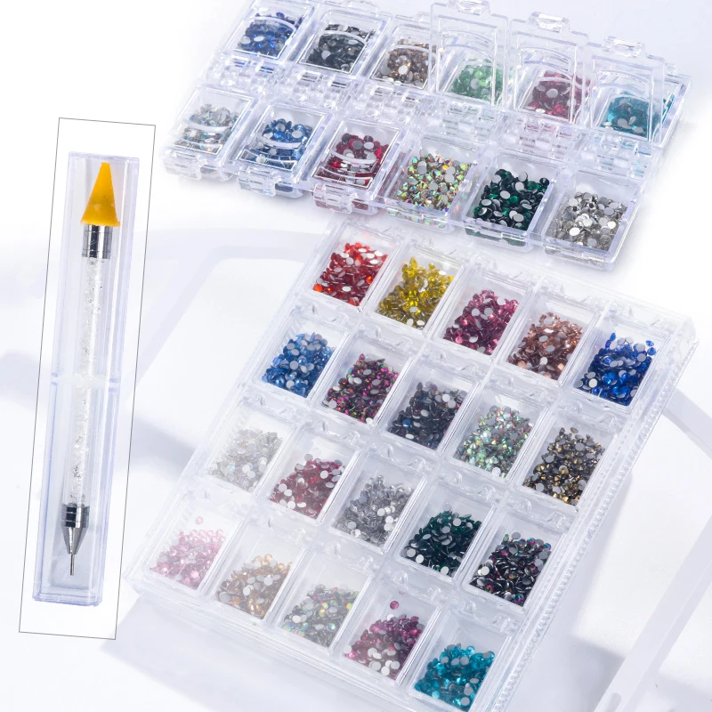

Xiaopu Newest 12/20 grids mixed flatback round press on nail Crystal art supplies decoration DIY accessories rhinestone set
