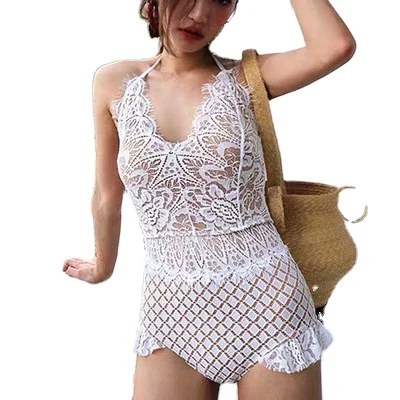 

Fashion new Korean sexy lace halter thong bikini women's one-piece beach cover up plus size swimsuit