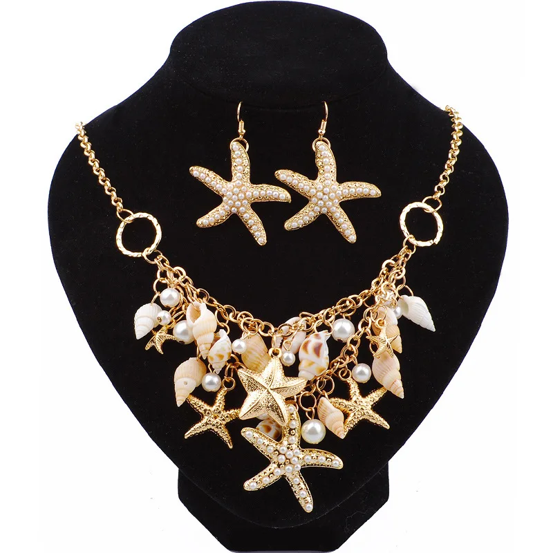 

Boho gold shell necklace starfish earrings jewelry set beach for a woman's gift