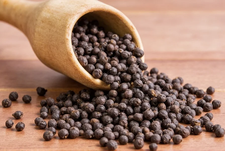 Whole black peppercorns in glass jar next to pepper grinder on wooden background