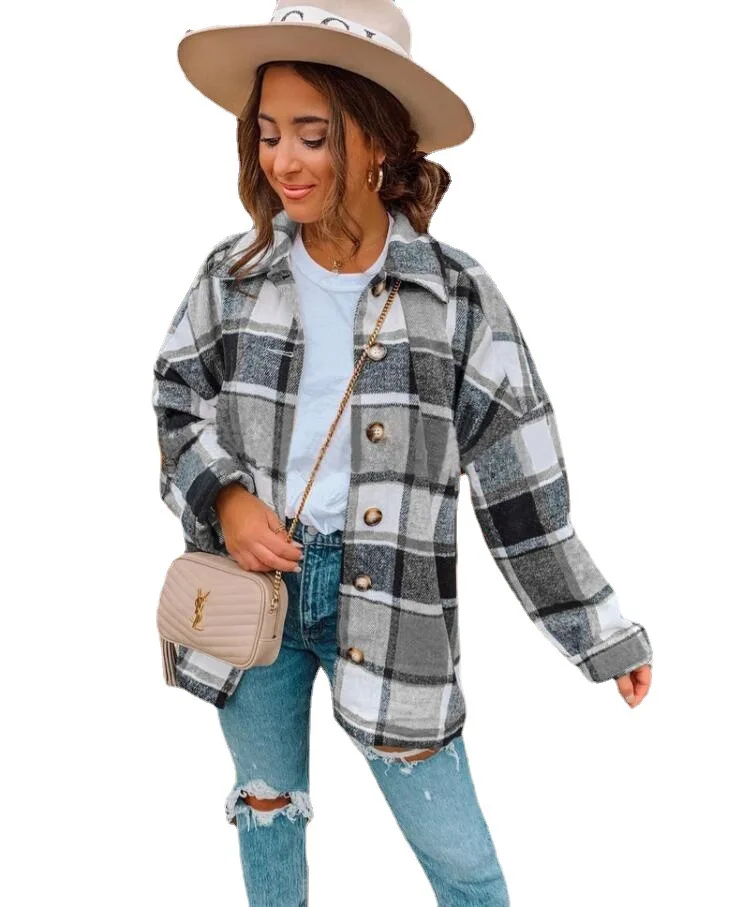 

DT-C00008 Autumn street temperament long sleeve lapel loose plaid tweed jacket woman plus size coat, 6 colors