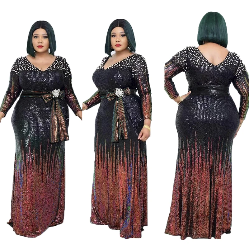 

C0106ME13 African New Design Plus Size Beaded Sequin Gradient Evening Dress Women With Belt