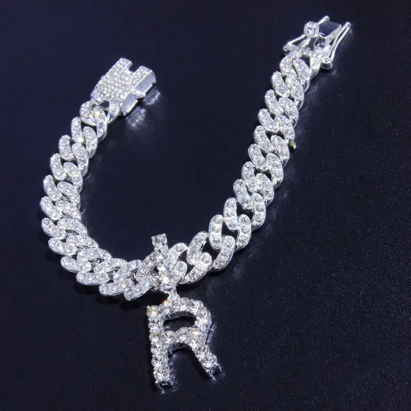 

Trend Silver Plated Iced Out Rhinestone Hip Hop Cuban Letter A- Z Bracelet for Men Women Rock Punk Trend Chain Jewelry Gifts