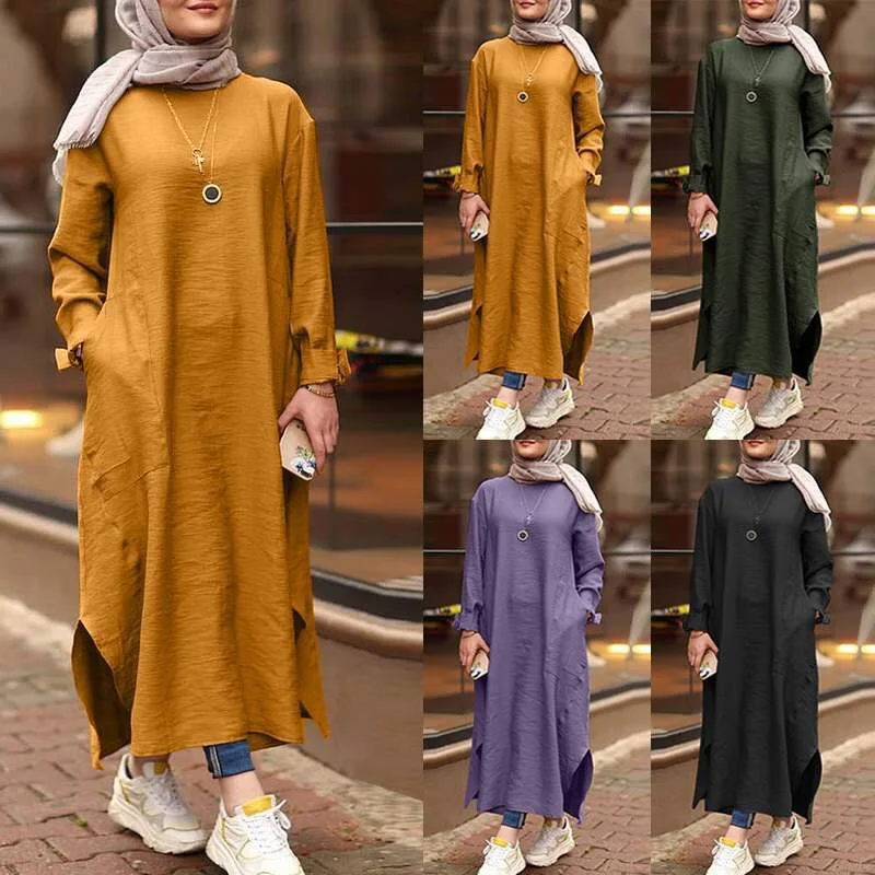 

Simple design high quality custom color round neck long sleeve women plus size dress, Customized color