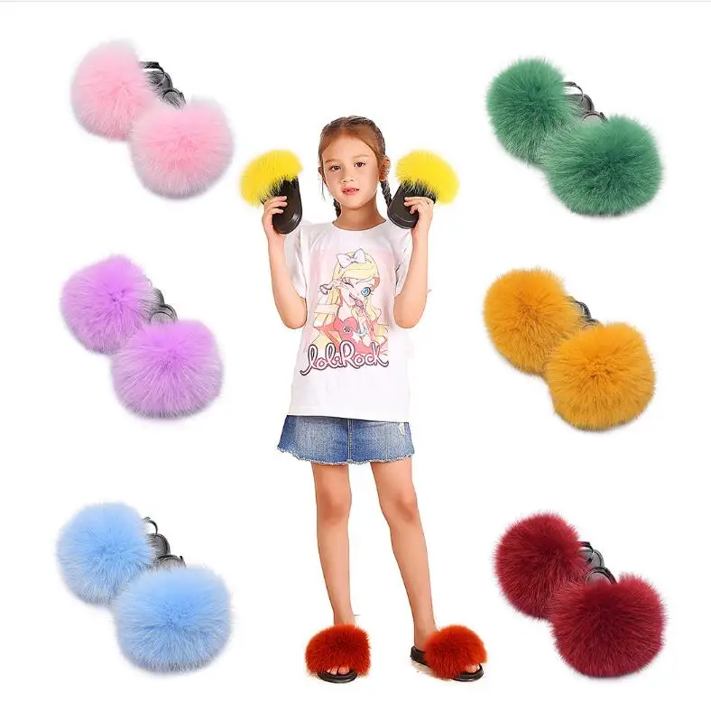 

1 pair wholesale price luxury fluffy real fur slippers mommy and me kids fox toddler fur slides for kids, Can be customized