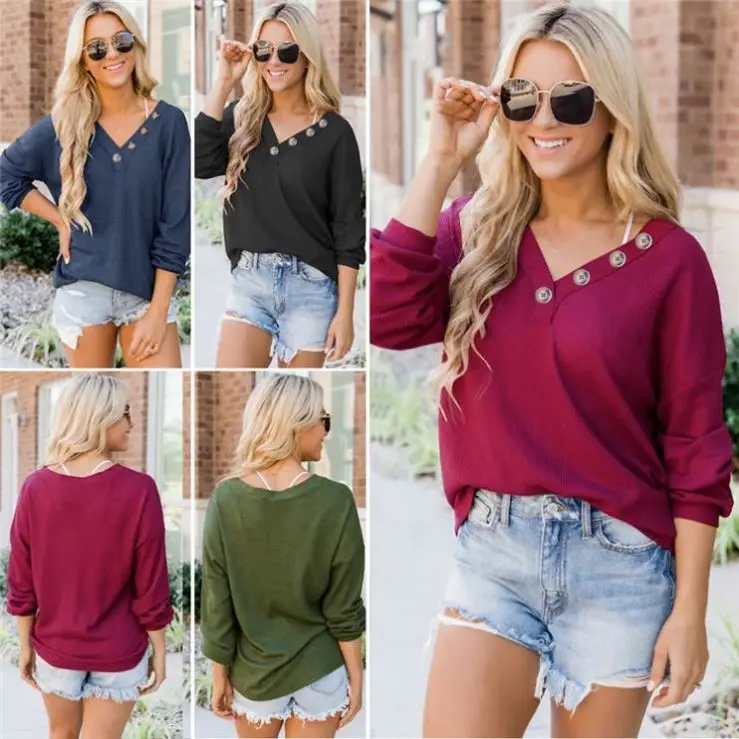 

2020 Wholesale Solid Print Button V Neck Long Sleeve Ladies Blouses Cropped Women Sweatshirt