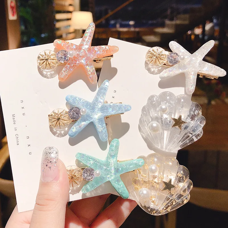 

JUHU Candy Color Shiny Acetic Acid Plate Hairpin Children Ocean Shell Starfish Bangs Clip Alloy Headdress, Gold