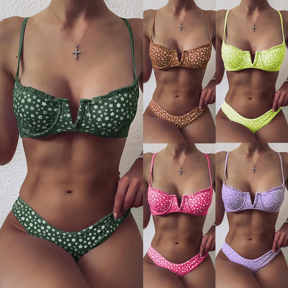 

Hot Sale Bathing Suits Sexy Fashion Two Pieces Bikini Sexy Women Swimwear Pleated Hollow Bikini Thong Swimsuit