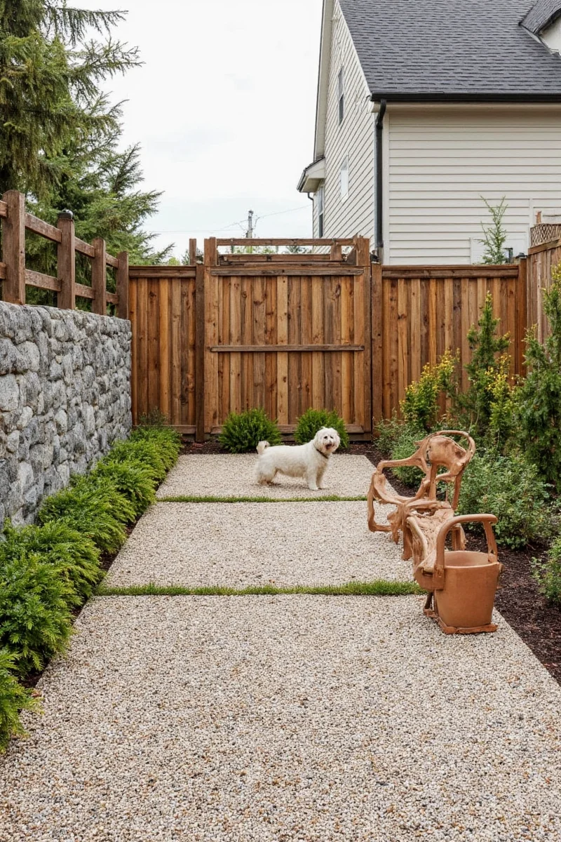 Golden retriever playing in gravel yard with scattered toys