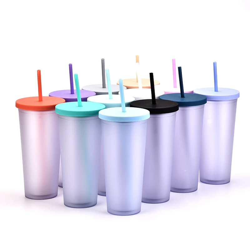 

Summer Pastel Tapered Cup Blank Cups Tumblers, 24 oz Matte Tumblers, Double Wall Acrylic Tumbler With Straw and Screw Lid, Clear