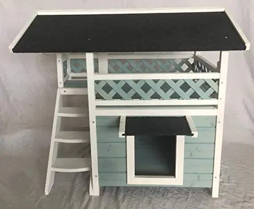 

Outdoor Wooden Weatherproof Cat House with Escape Door and Stairs-Blue, Light green