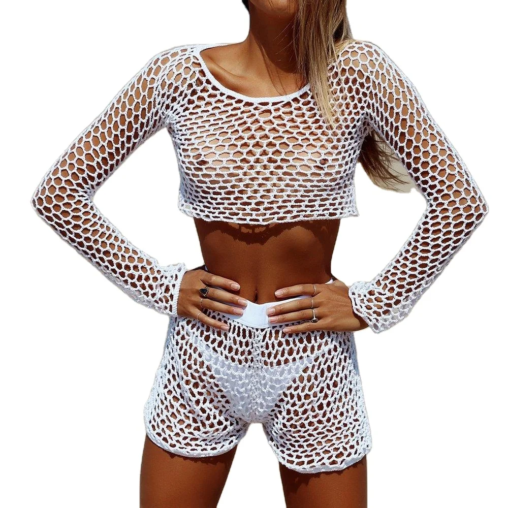

Women Long Sleeve Hollow Crochet Tops Pants Suits &Dress Set Cover Up Crochet Swimwear Cover Up Beachwear, Picture color