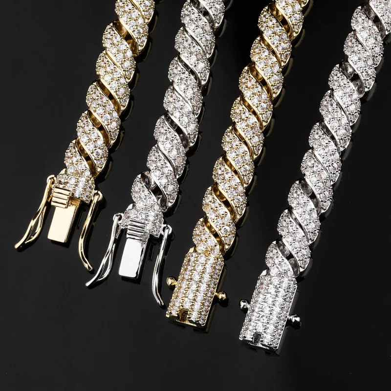 

Unique design New arrival full iced out bling bling twisted Spiral cz zircon Miami cuban chain necklace USA hot selling jewelry, Gold, silver, rose gold, bi-color