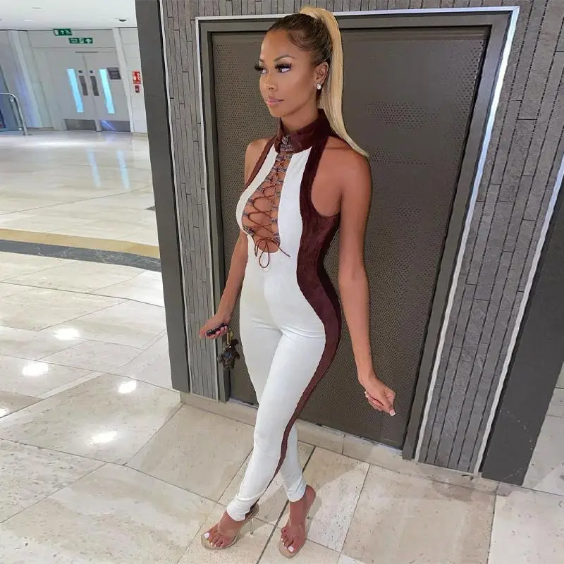 

Sexy Club Bandage Sleeveless One Piece Bodysuit Women Jumpsuit 2021, White