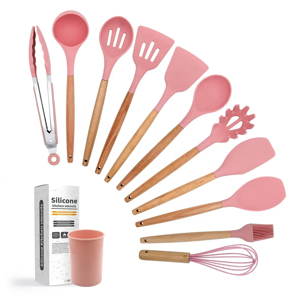 

Foodgrade Silicone 11pcs kitchen cook ware with wooden handle, Pink;blue;green;grey