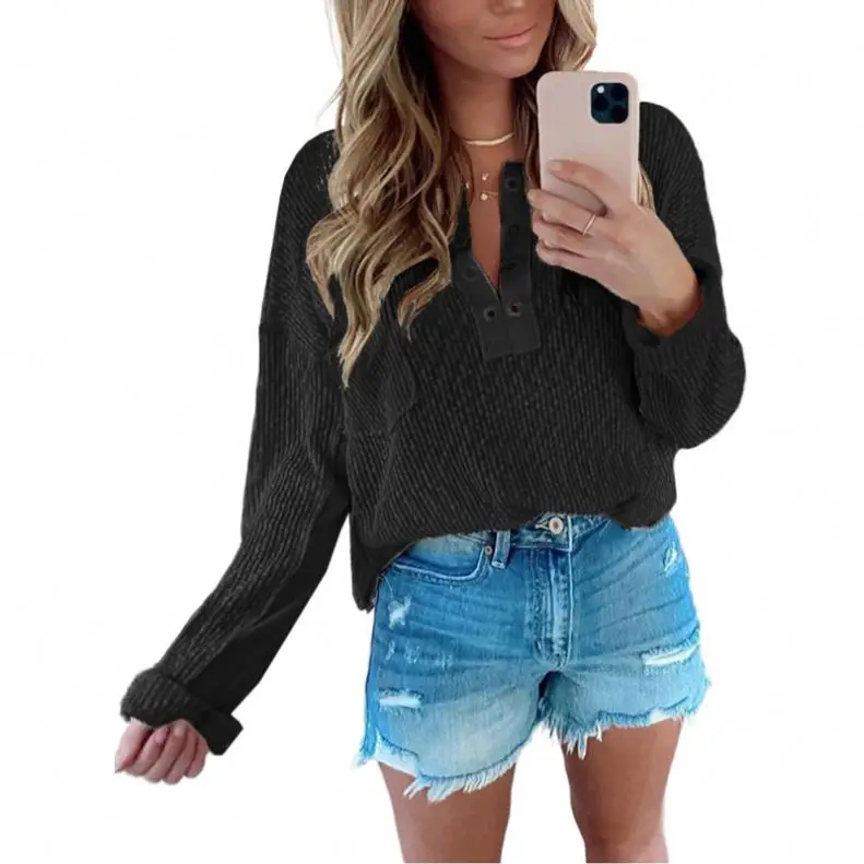 

2021 Wholesale Fall Black Knit Long Sleeve Women Tops Ladies' Blouses, Customized