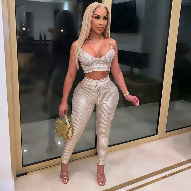 

WW-0924 Knitted Article Pit Tight Sexy Outfit Cami Knitted Crop Top Trouser Set For Girl, Customized color
