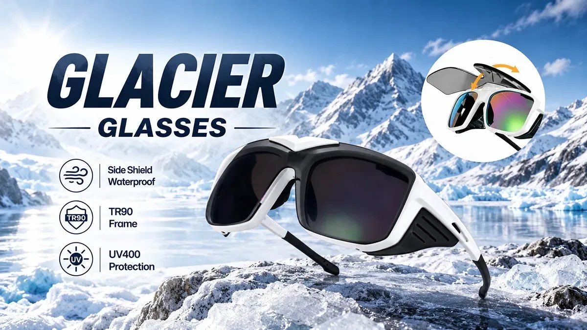 Detachable side shields glacier sunglasses close up with TR90 frame and UV400 protection