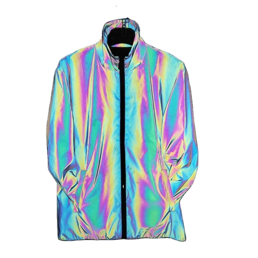 

High light vision glitter jacket iridescent rainbow unisex polyester retro-reflective zipper jackets size stylish outdoor