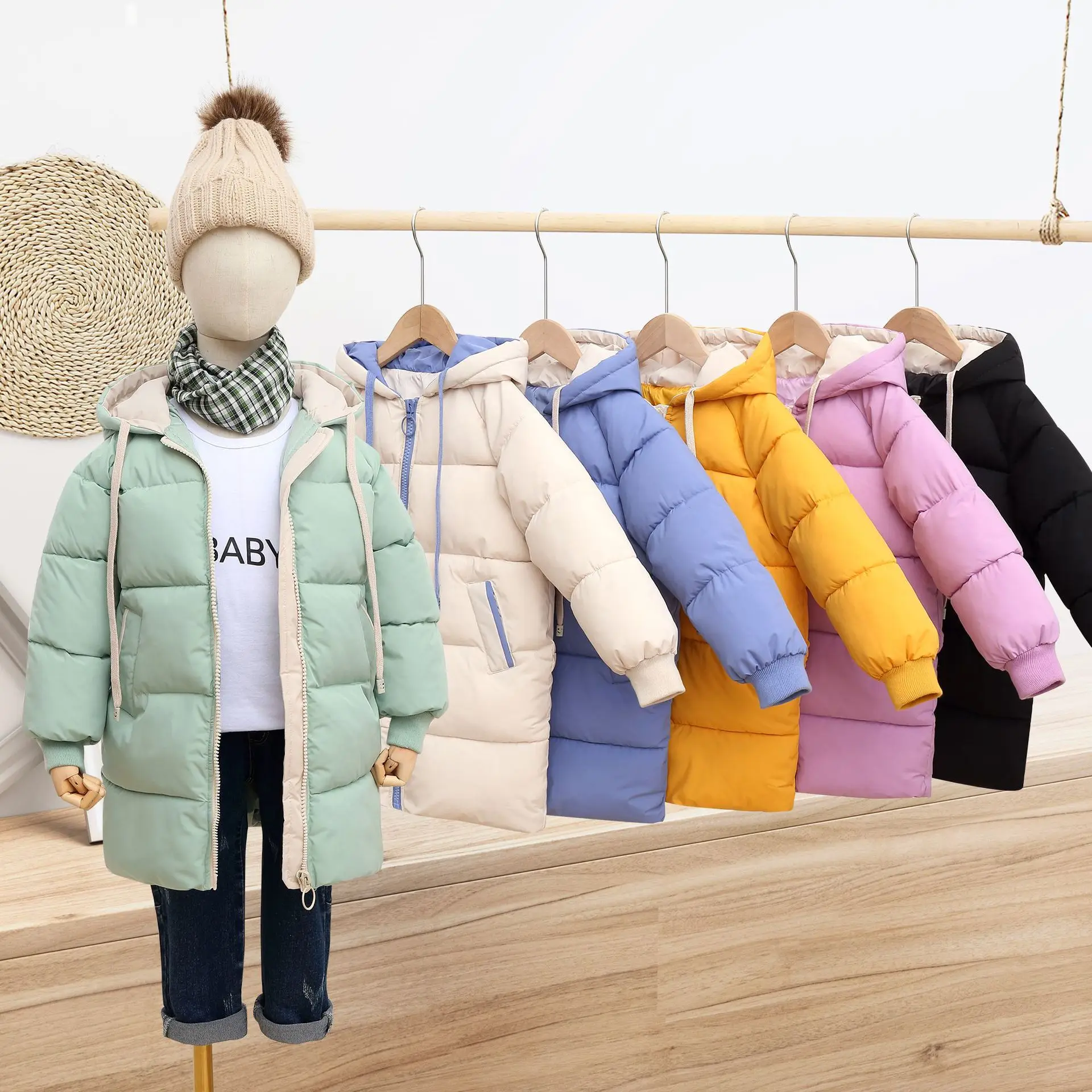 

New children's down cotton-padded jacket in long boys and girls children thick winter pure color coat