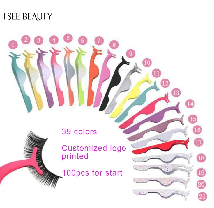 

Factory sell Eyelashes tools Customized logo available Stainless Steel Eyelash Tweezers and eyelash applicator, 39 colors