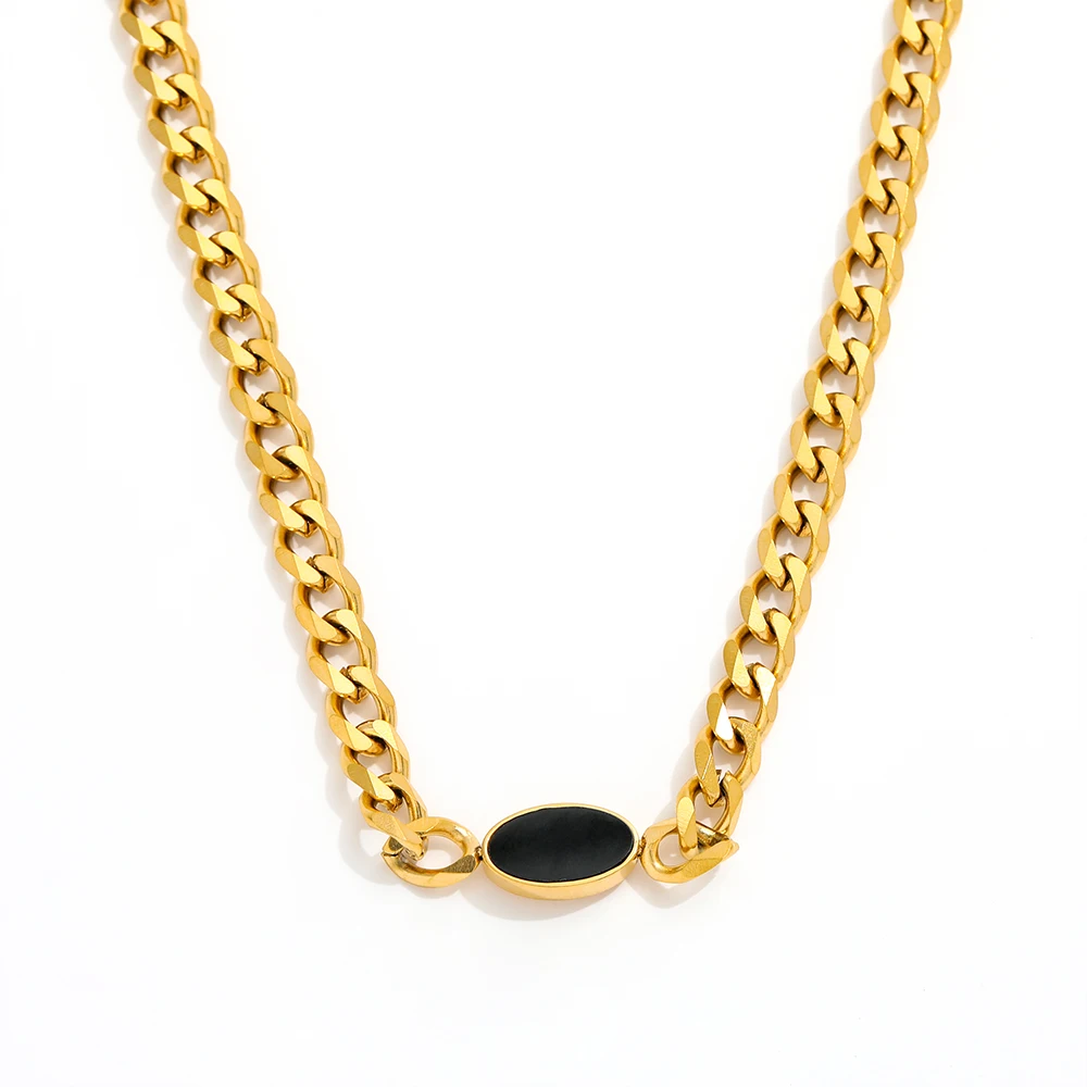 Joolim 18K Gold Plated Oval Black Epoxy Pendant Necklace Stainless Steel Tarnish Free Jewelry