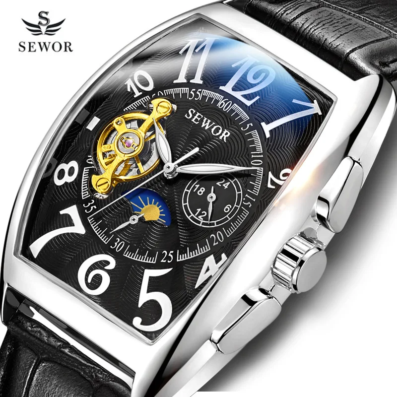 

SEWOR New Black Gold Tonneau Tourbillon Automatic Mechanical Watch Men Genuine Leather Strap Men Clock Male Men Wristwatches, 8colors for choice