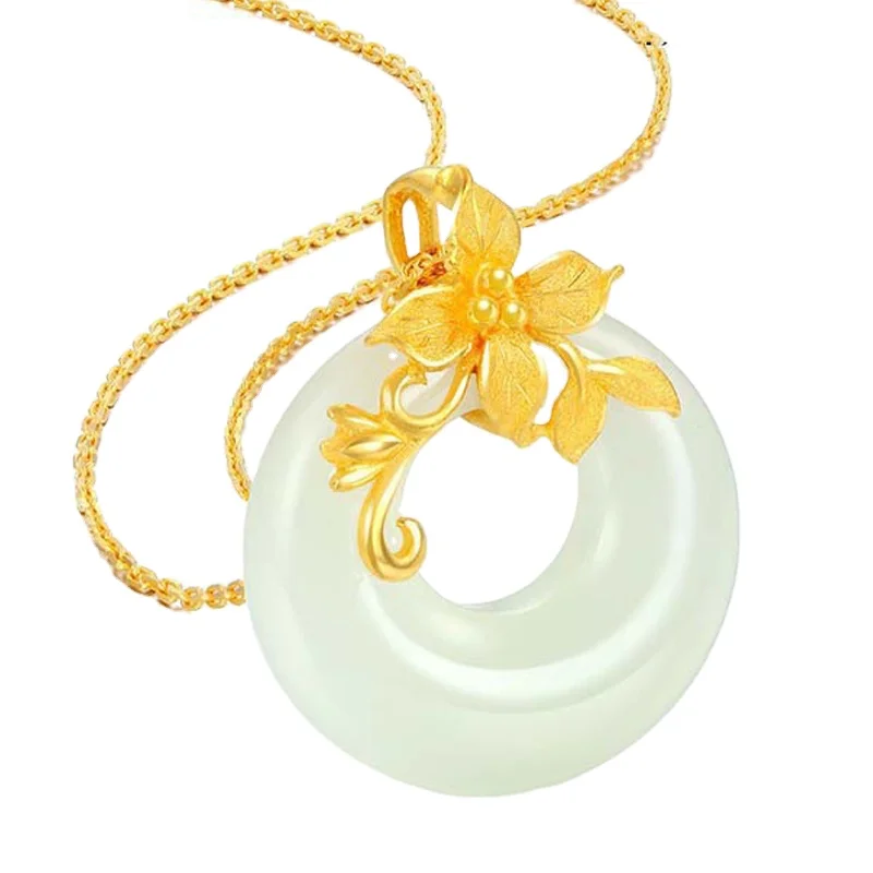 

Certified Flower Branch Jade Hetian White Chalcedony Necklace Pendant Gold Inlaid Jade Gold Plated Pendant