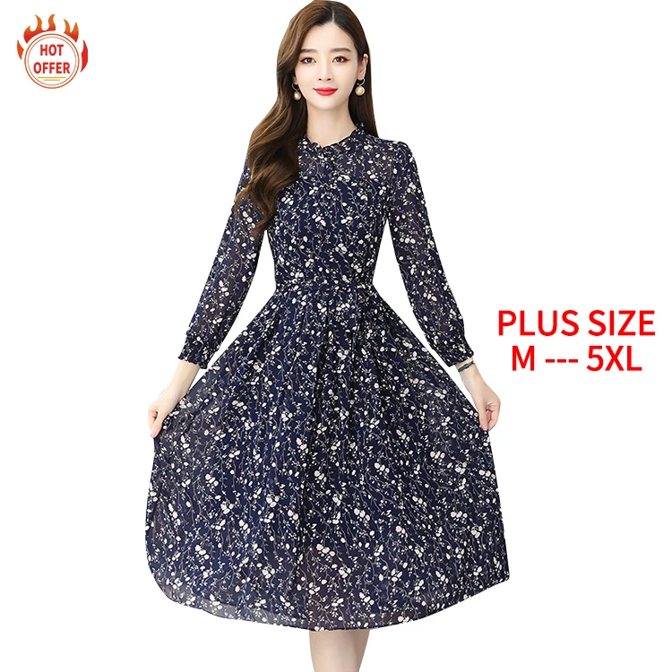 

Fashion Round Neck Long Sleeve Stylish Sexy Elegant Chiffon Floral Midi Woman's Summer Casual Plus Size Dress, Blue