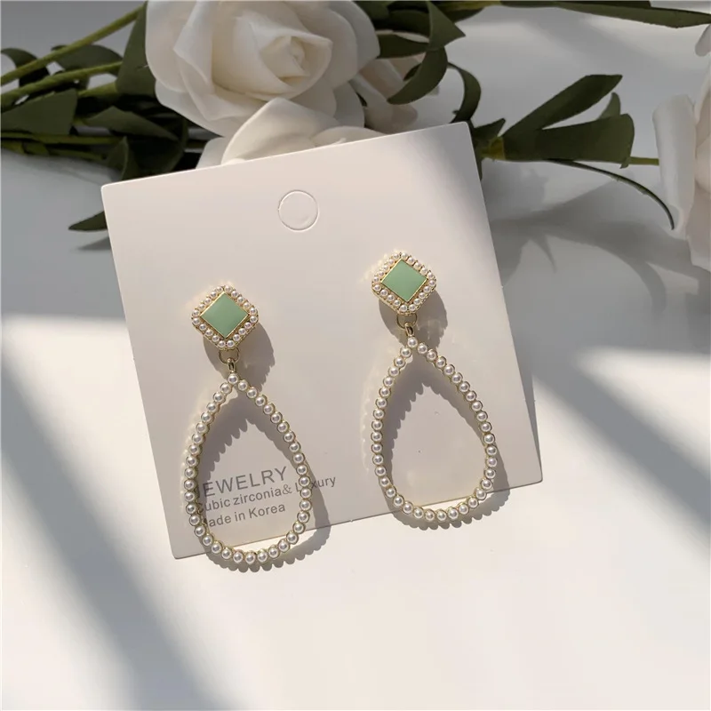 

JUHU New French Retro Geometric Earrings Water Drop Pearl Ear Clip Metal Alloy S925 Silver Needle Jewelry for women