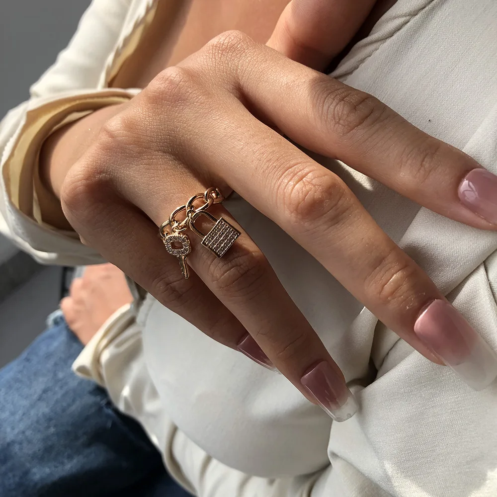 

Fashion personality key lock zircon ring female creative ring index ring, As pictures