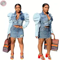 

9102306 good quality long puff sleeve contrast color denim jean latest design 2020 women fashion clothing coat