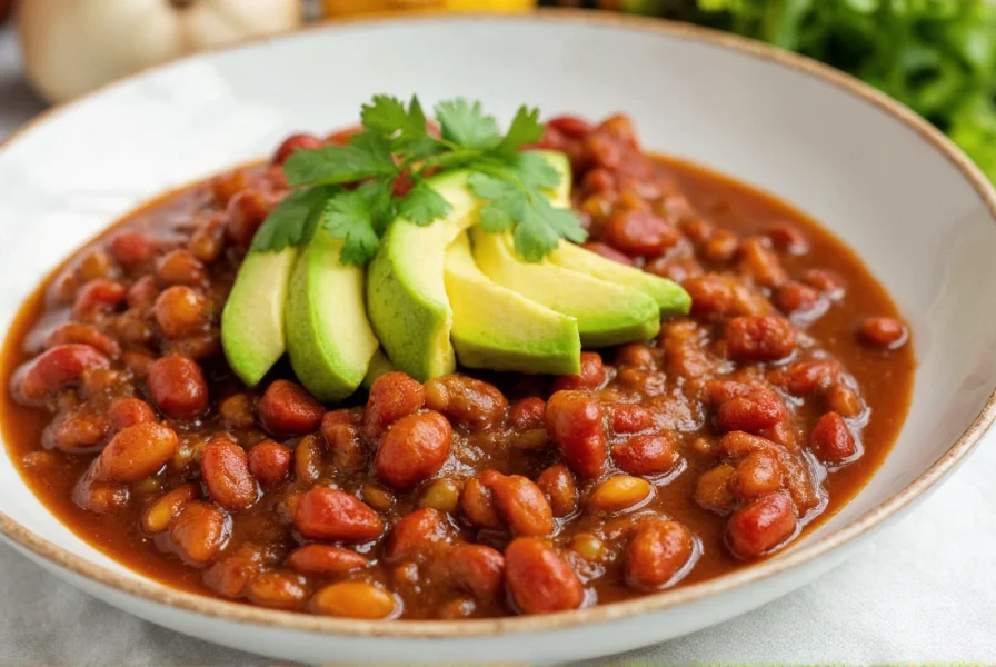 Quick vegetarian chili variation in bowl with avocado and cilantro garnish
