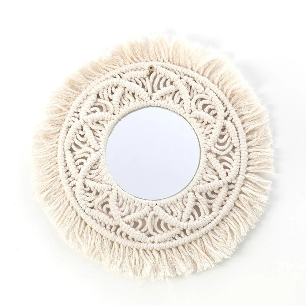 

Round Hand Woven Wall Hanging Antique Mirror Macrame Fringe Boho Chic Home Decor