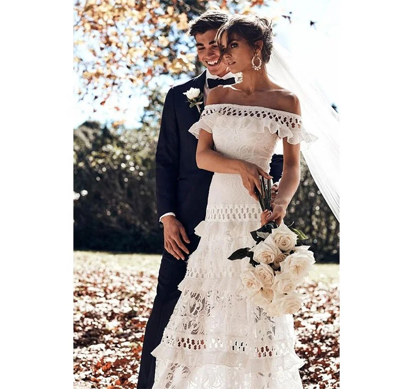 

Hot sales 2021 new sweet girl white lace ruffles bohemia bridal gowns for women wedding dress