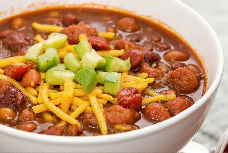 Serving bowl of chili with garnish