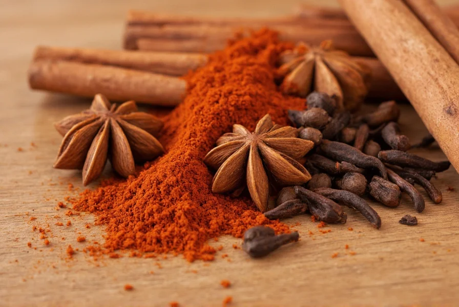 Close-up of Chinese five-spice powder ingredients including star anise, cloves, and cinnamon sticks arranged on wooden background