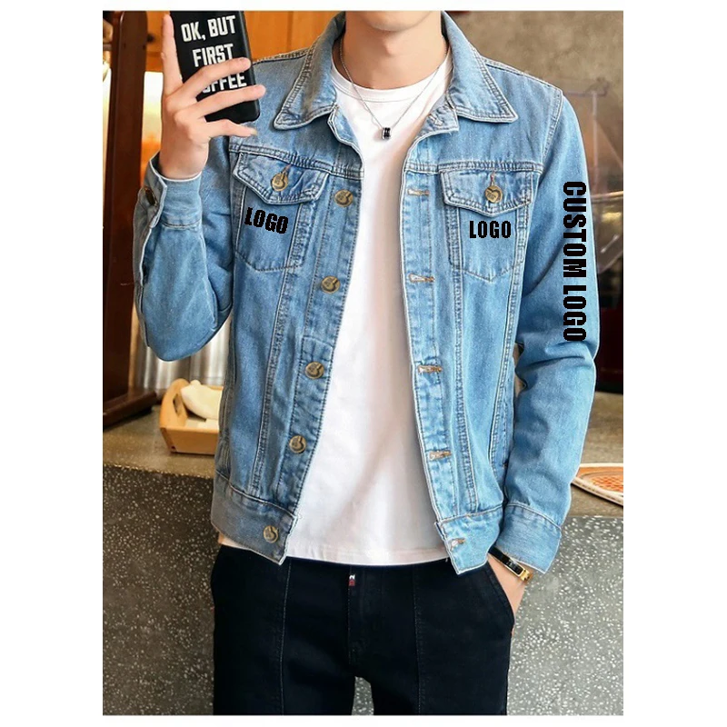 

Free shipping New arrival fashion High Quality Mens Cotton denim jacket wholesale washed custom blue men denim jean jackets, Customized color