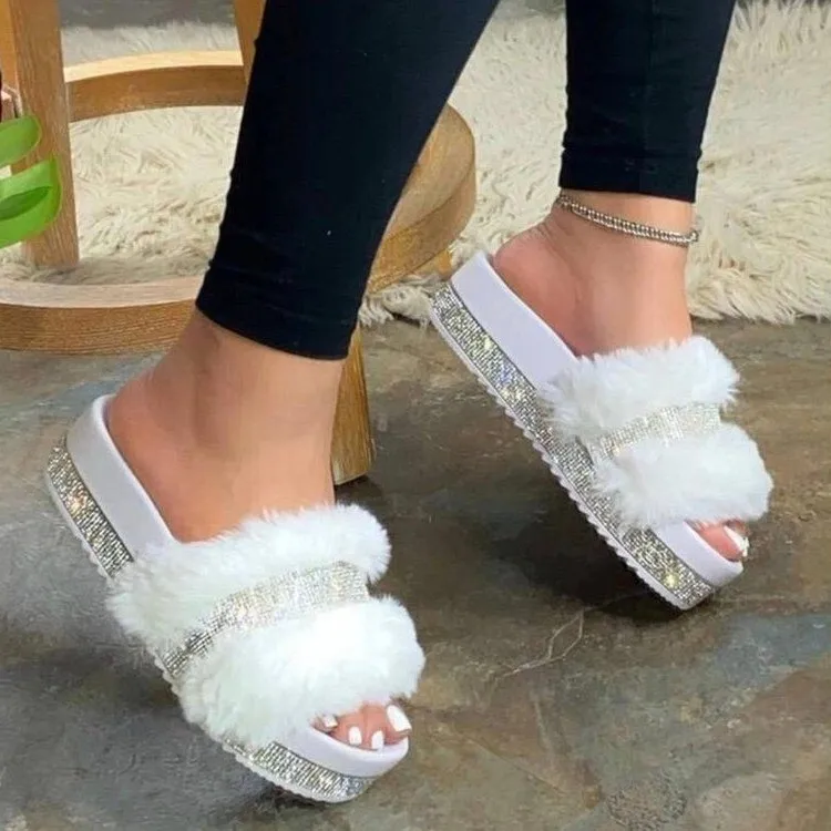 

Hot Sales Women Outdoor Fur Diamond Slippers Fluff for Female Simple Casual, White/black/pink