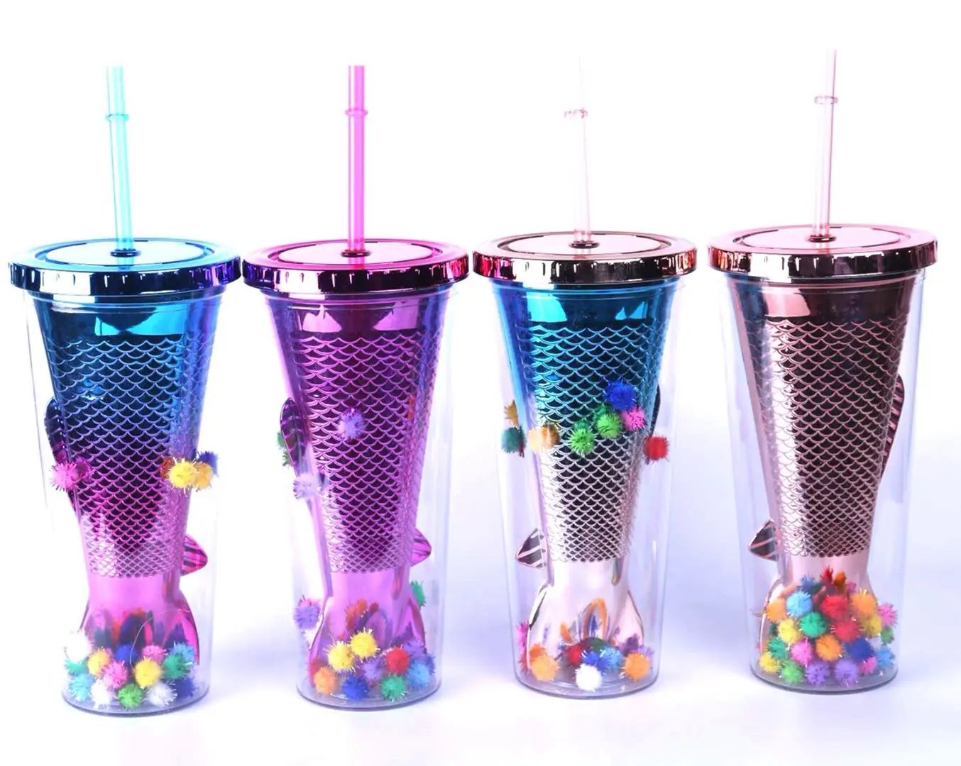 

Wholesale Creative AS Straw Cup Electroplated Double Wall Mermaid Tumbler, Four color
