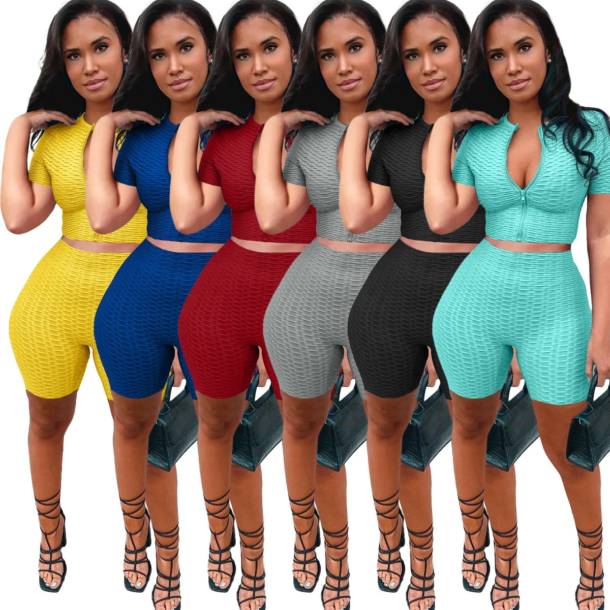 

High Quality Crop Top 2 Piece Women Biker Shorts Set Sexy Elastic Fitness Summer Zipper Ladies Tracksuit, 6 colors