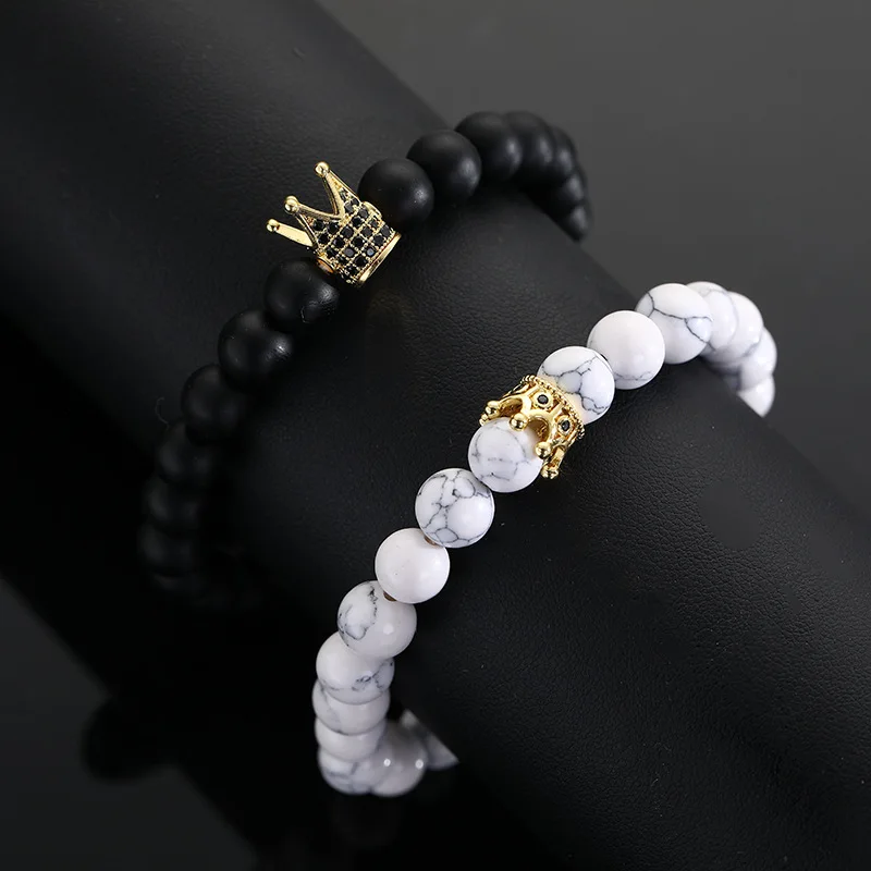 

Factory Wholesale Custom 8mm Crown Charm Beads Bracelets Stretchy Natural Stone Lava Bead Bracelet For Couple, Black