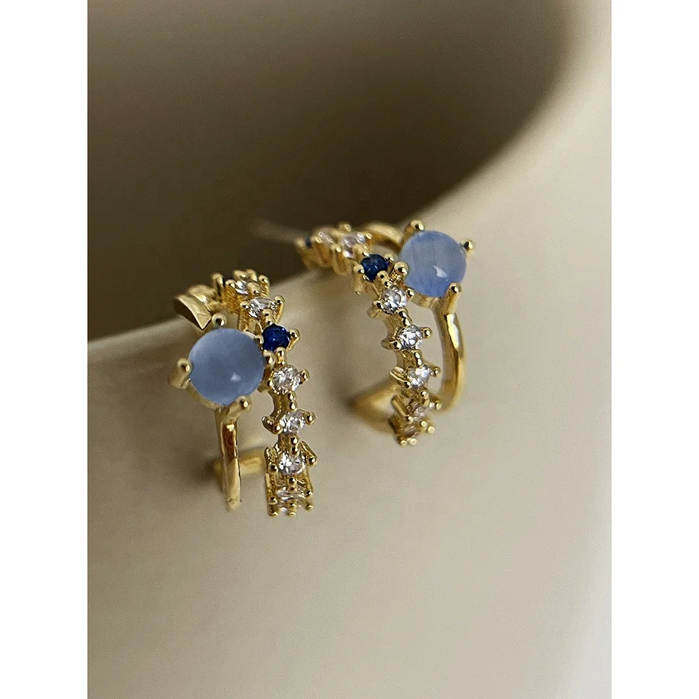 

E0120 women vintage delicate copper hoop earring gold plated lightweight blue opal small cuff earrings fine jewelry