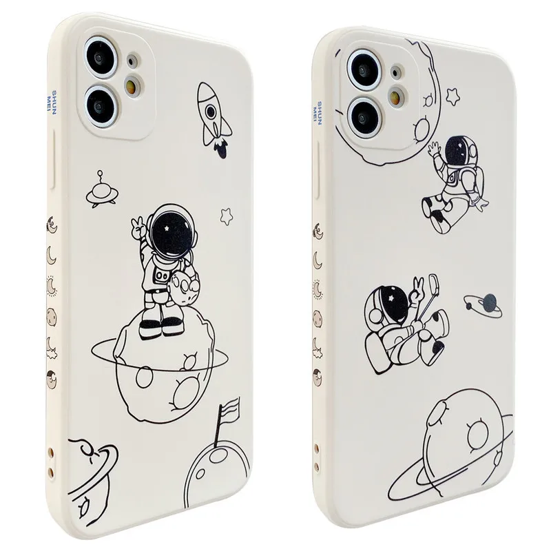 

For Iphone Case X XS XR Border Print Cute Cartoon Astronaut 11 Pro Max 12 Mini Silicone 7 8 Plus SE Phone Cover