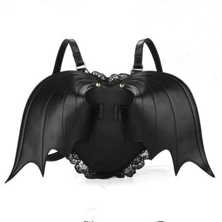 

Ins hot sale Black Angel design heart Ita backpack lolita stylish lace decoration women backpack with bat wings
