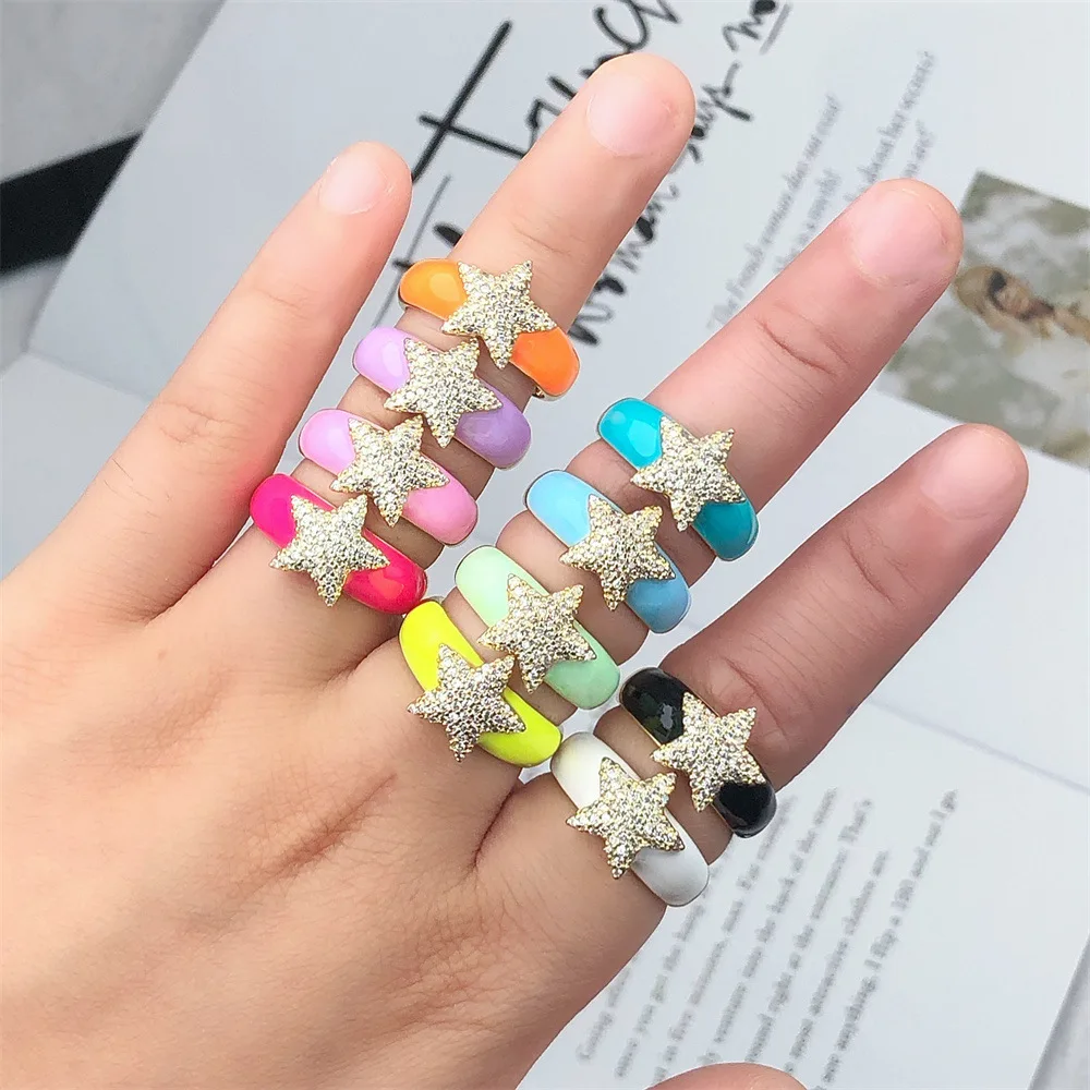 

Hot Selling 18K Gold Plated Adjustable Opening Cubic Zirconia Five Pointed Star Ring Fashion Zircon Star Colorful Enamel Rings