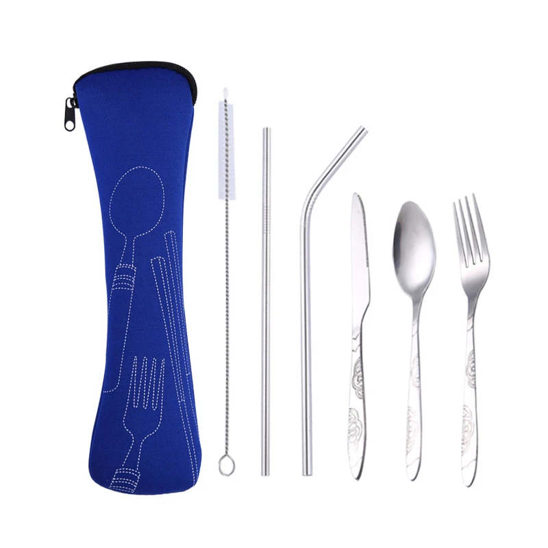 

Portable Flatware Set Stainless Steel Fork Knife Spoon Juice Straw Smoothie Straw Cleaning Brush Travel Cutlery Set 6pcs, Dark blue, red, green, rose red, light blue, black, purple, orange