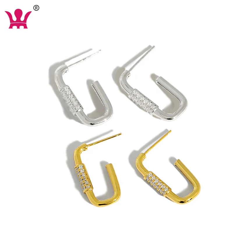 

New Design 925 Sterling Silver 18k Gold Cubic Zircon Geometric Rectangle Earring Hoop Earrings For Women, Platinum,gold plated