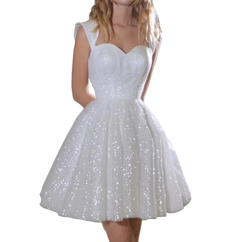 

Fashion Lace Spaghetti Strap Chiffon Mesh Sequined Short Party Dresses Ball Gown, Solid color