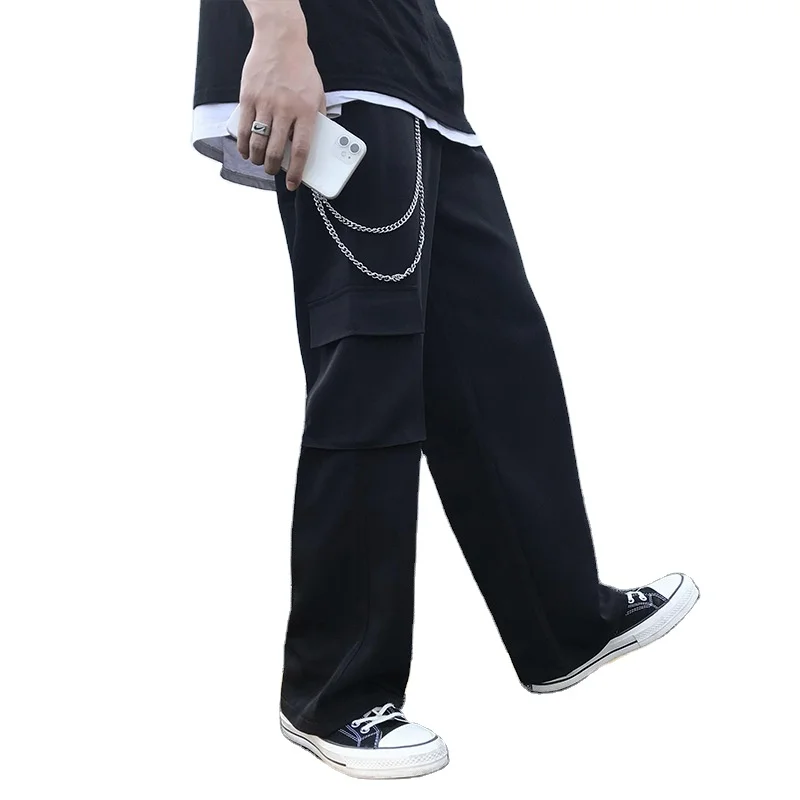 

Summer Solid Multi Pocket Workwear Wide Leg Pants for Male Loose Students Versatile Straight Casual Pants